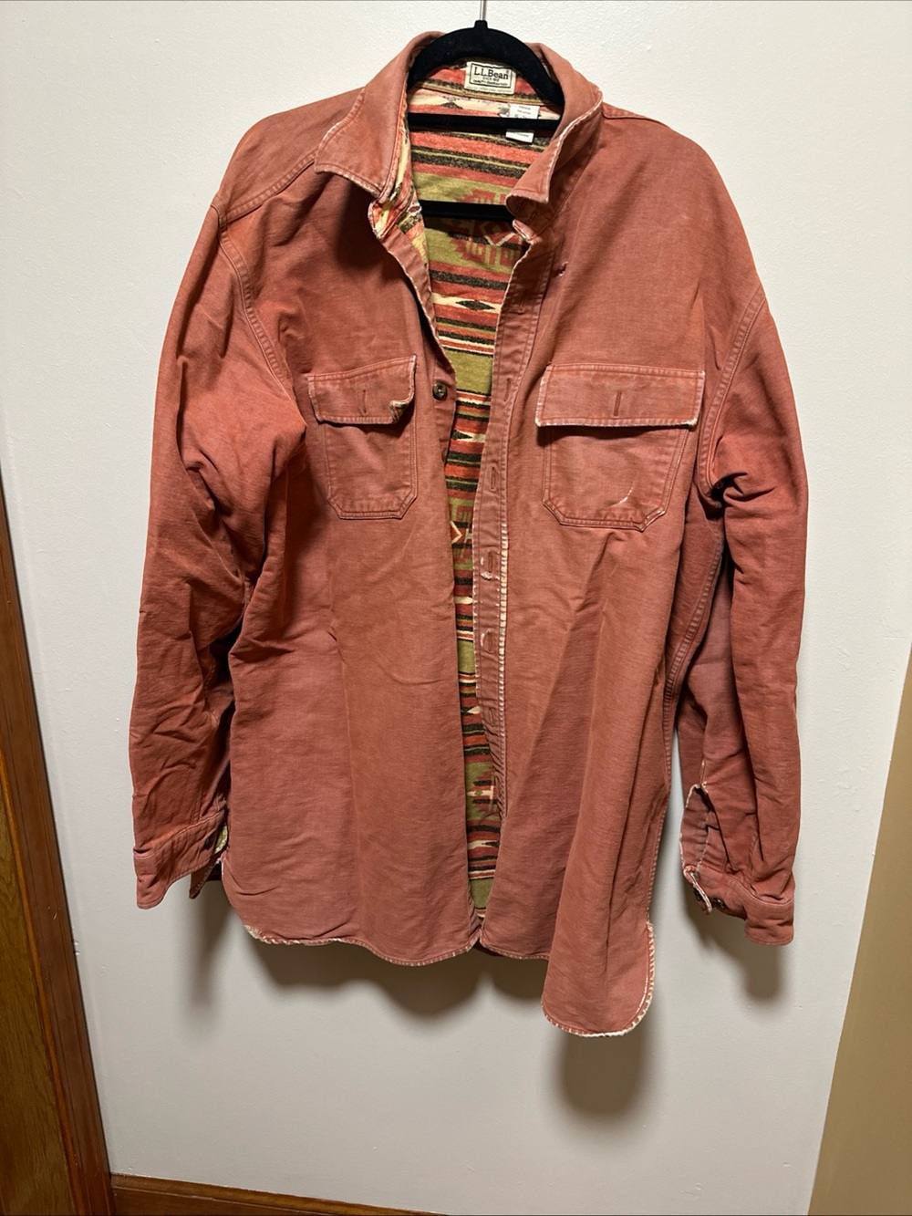 Vtg LL Bean Button Shirt Mens XL Aztec Navajo Blanket Chamois Shacket Shirt Coat